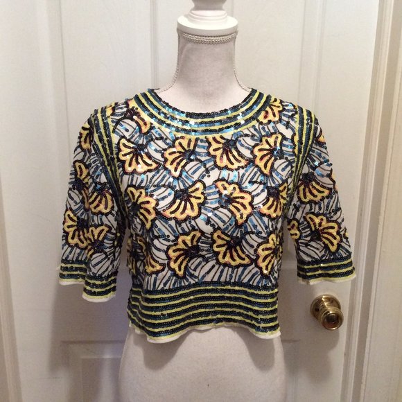 Endless Rose Tops - Endless Rose Top S White Blue Yellow Sequin Crop